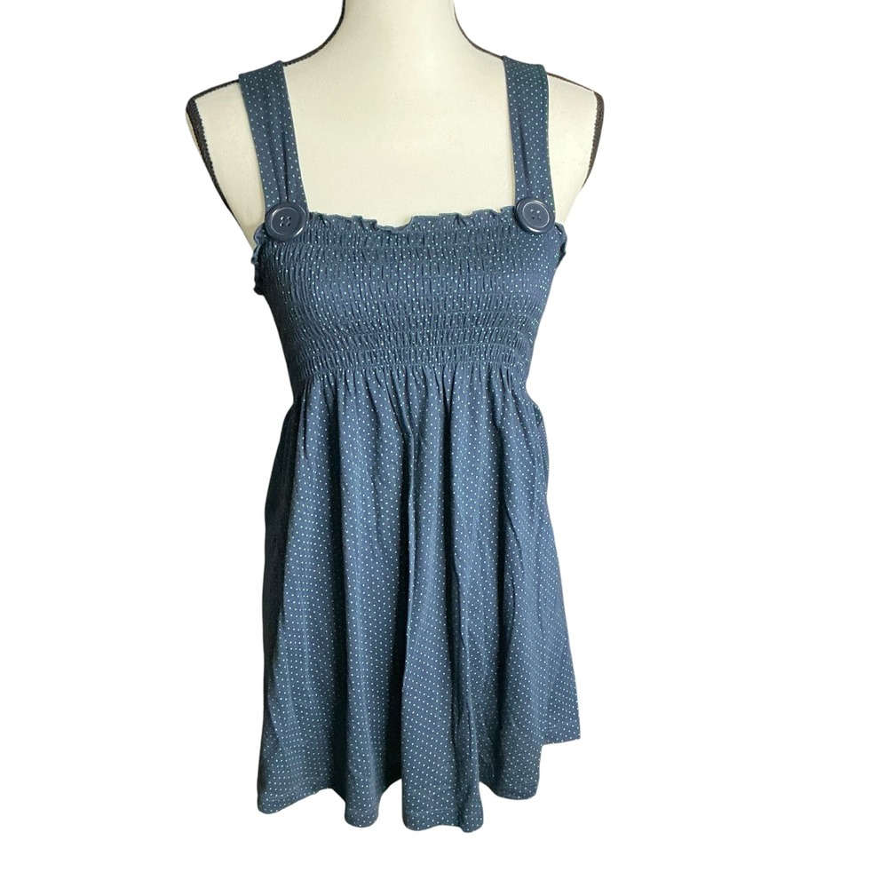 F.A.N.G Blue Polka Dot Smocked Dress Women Size XL Cotton Ruffle Trim